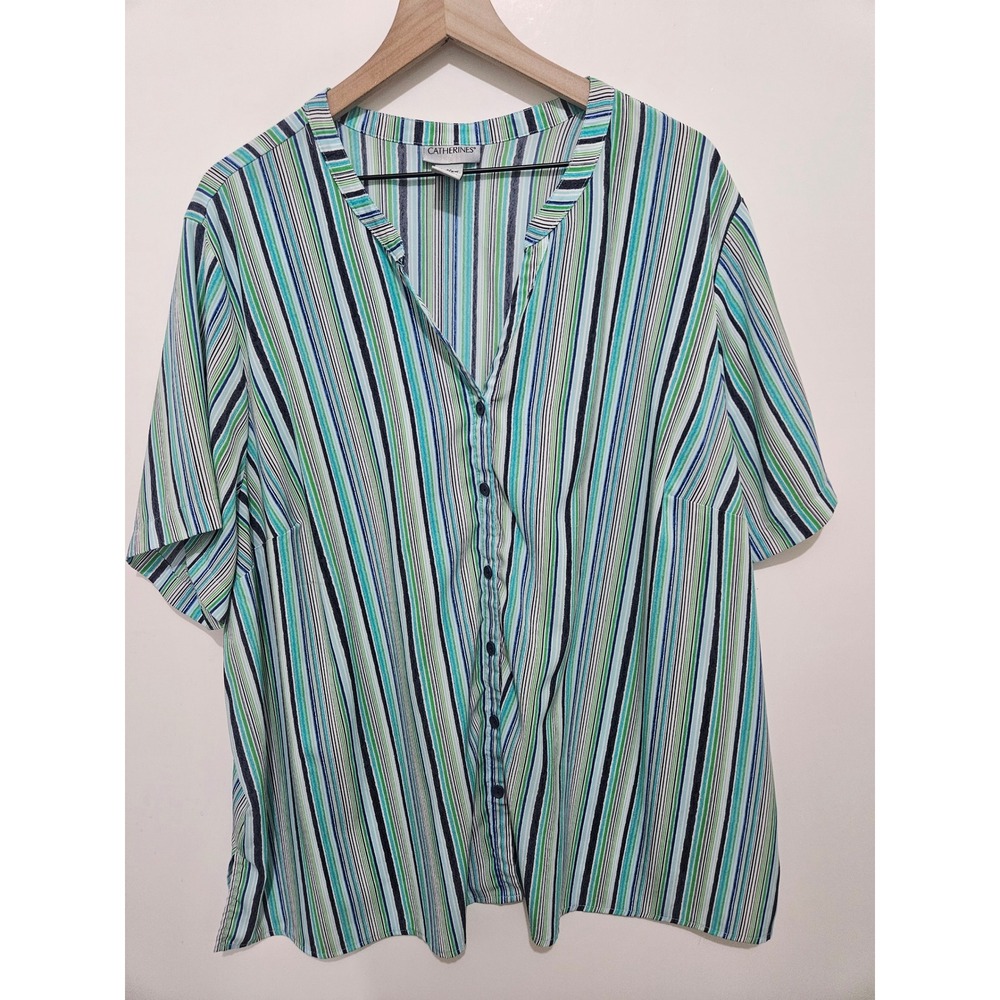 Catherines Womens 3X 26/28W Blue Green Striped Short Sleeve V-Neck Button Blouse